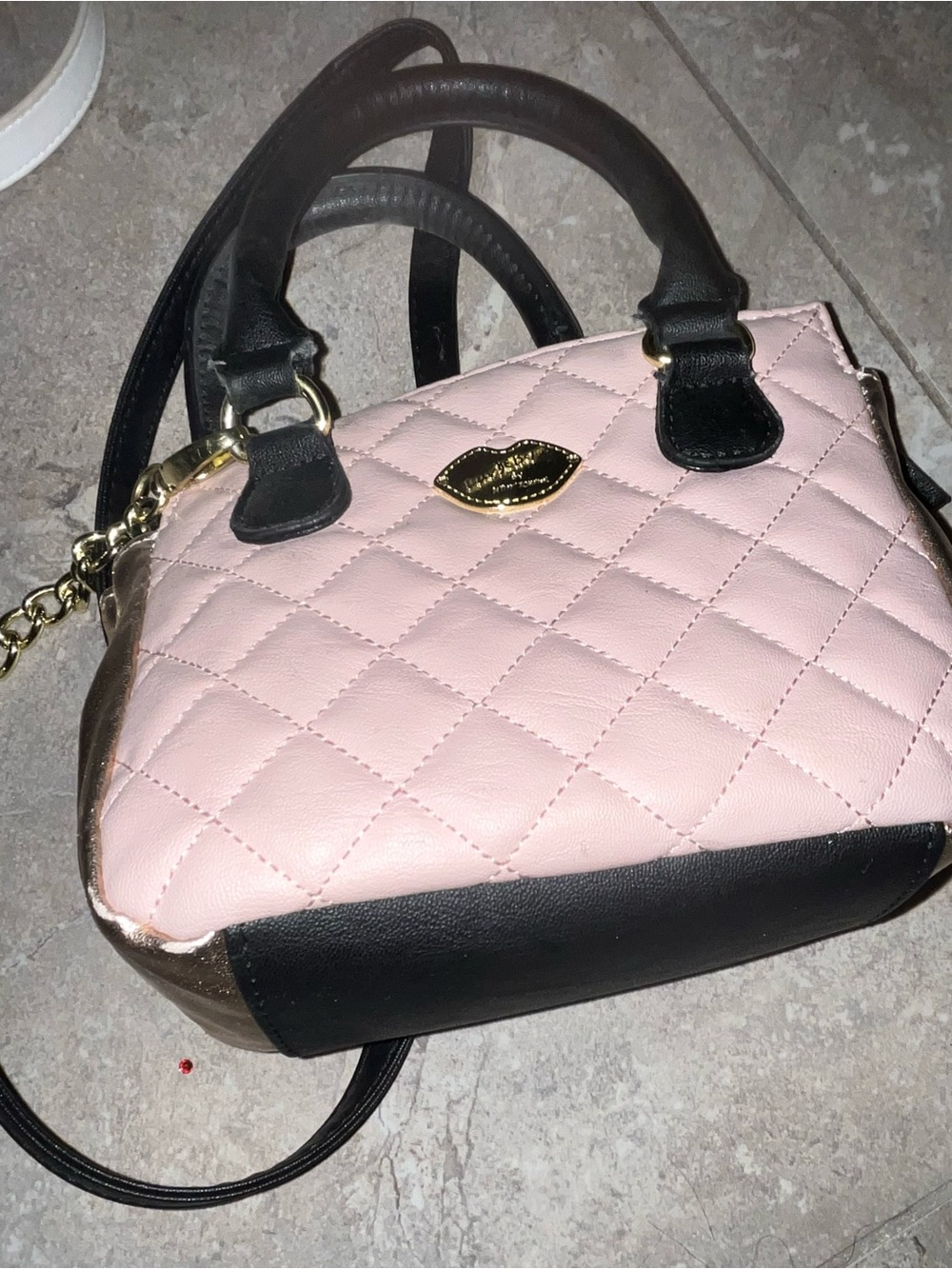 Quilted Pink Mini Satchel with Black Trim and Gold Accent